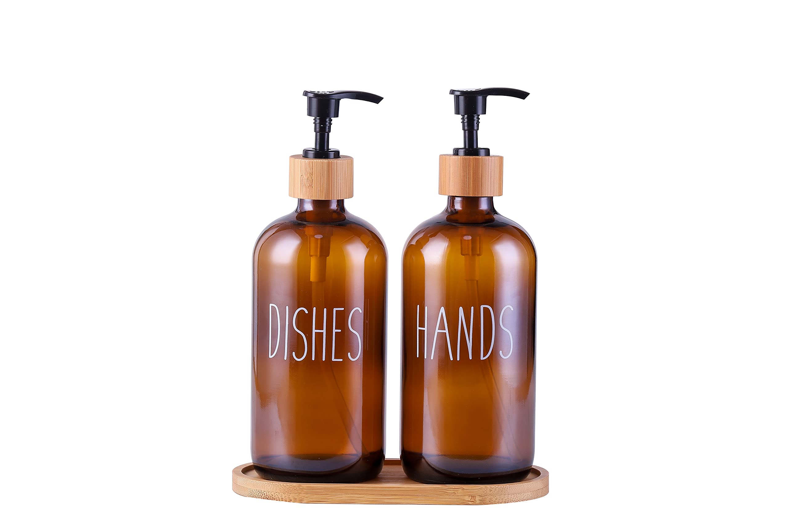 Glass Kitchen Soap Dispenser Set with Tray by Brighter Barns - Hand and Dish Soap Dispenser for Kitchen Sink - Glass Soap Dispenser - Modern Boho Farmhouse Kitchen Decor (Brown)