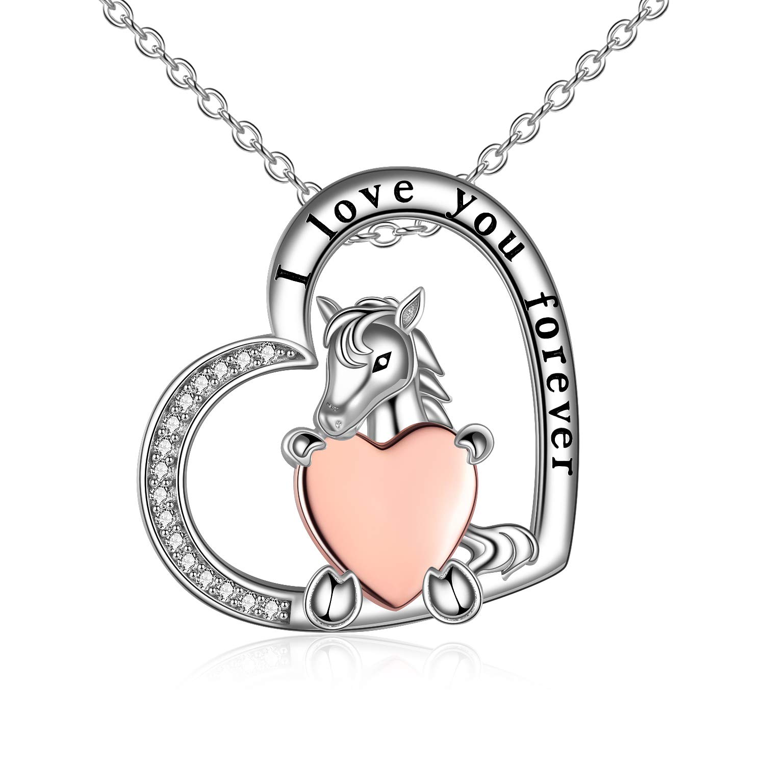 S925 Sterling Silver Horse Necklace Heart Pendant Jewelry Gift for Women Girls