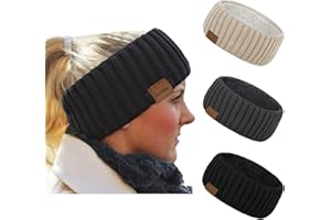 Loritta 3 Pack Winter Headbands for Women Fuzzy Fleece Lined Ear Muffs Thick Warm Ear Warmers, Black/Beige/Dark Grey(Stripes)