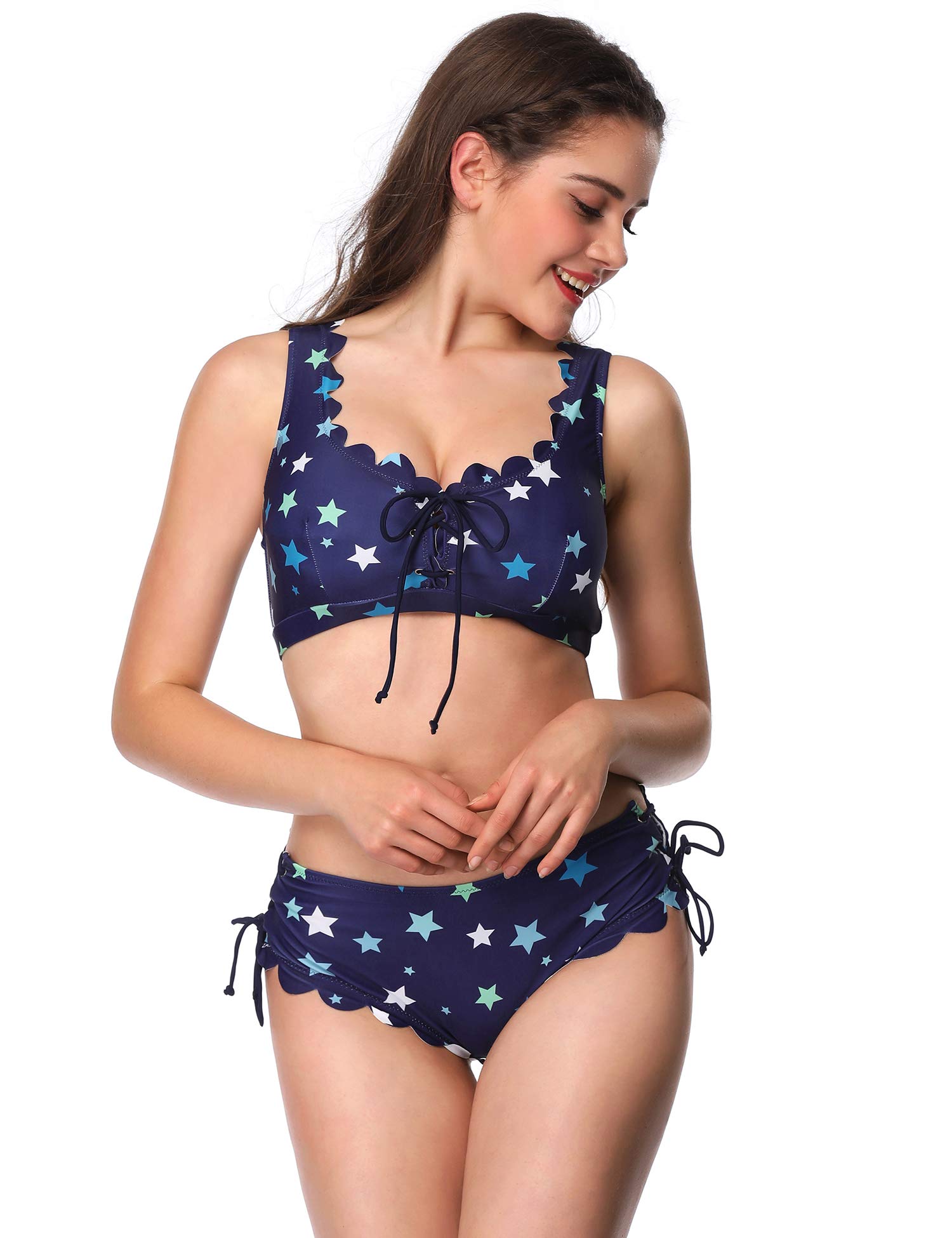 Verano Playa Women Lace Up Bikini Set Scalloped Two Piece Swimsuit Racerback Swimwear Front Tie Side Bottom Bathing Suit