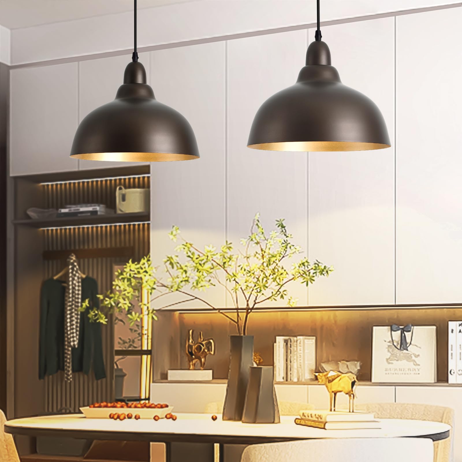 Photo 1 of Ziqqeelam 2 Pack 11.8" Farmhouse Oil Rubbed Bronze Hanging Pendant Lights Kitchen Island, Vintage Pendant Light Fixture Dome Pendant Light Chandelier for Kitchen Island, Dining Room