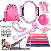 Kaelaris Pilates Kit 14PCS for Women,Home Workout Essentials Kit with Pilates Circle,9 Inch Yoga Ball, Figure 8 Resistance Band, Pilates Sock & Accessories for Beginners, Core Strength,Pink