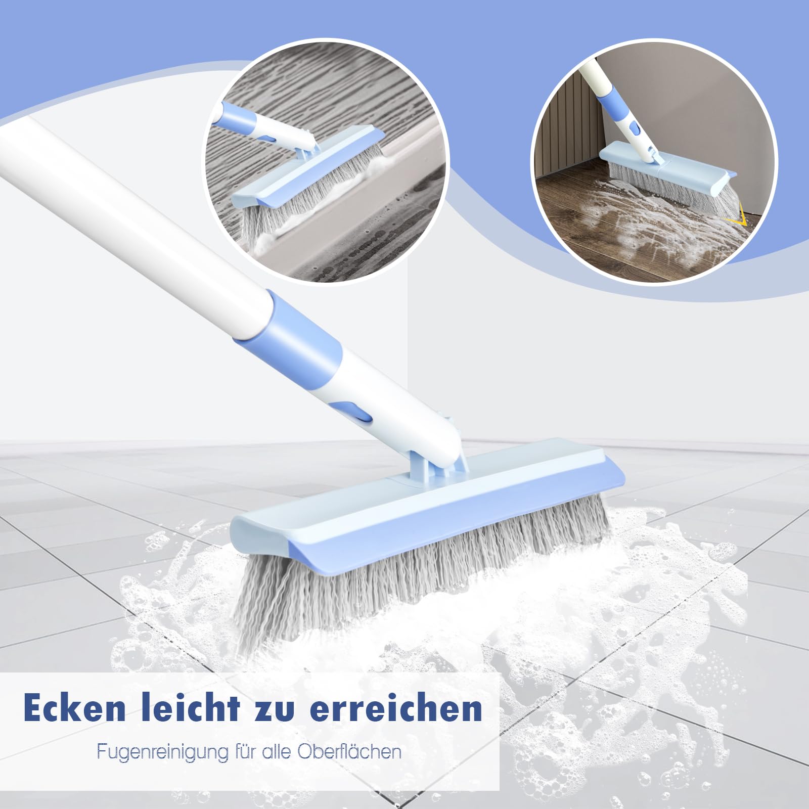 XXFLOWER Schrubber mit Stiel Terrasse,3 in 1 Bodenschrubber und V-Förmige Fugenbürste mit Langem Stiel Scheuerbürste Bürste mit Steifen Borsten,Balkon Terrassenfliesen Reiniger,Bodenbürste Besen Blau 6