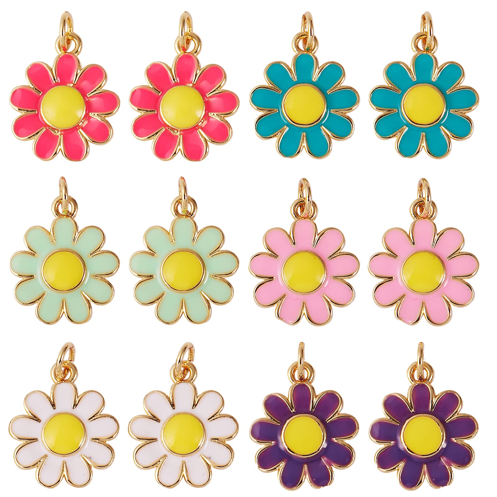 COGCHARGER 12 Pcs 6 Colors Daisy Flower Charms Chrysanthemum Enamel Charm Pendants Flower Brass Enamel Charms for Jewelry Making Accessories