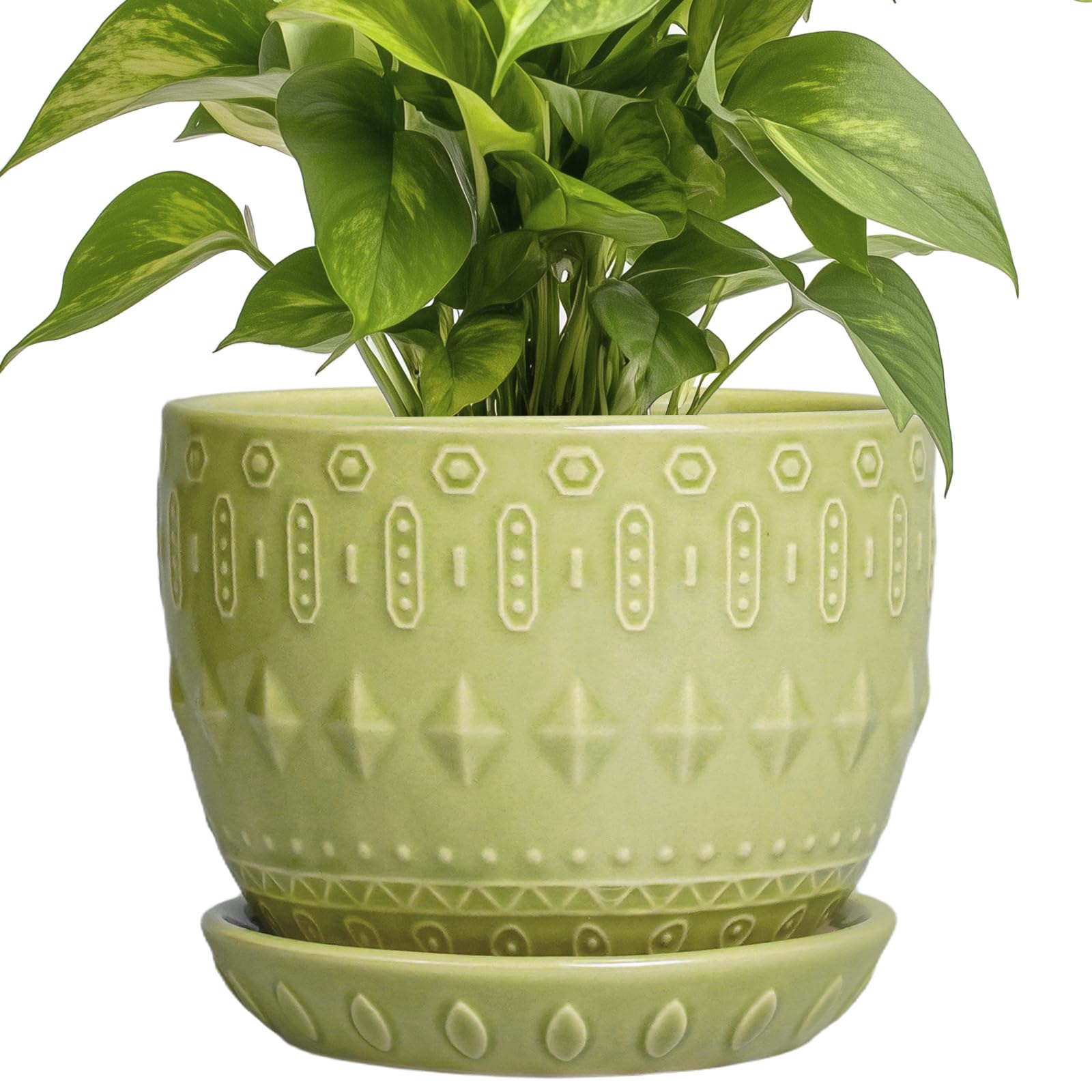 Photo 1 of G EPGardening Ceramic Planter 5.5 Inch - Boho Plant Pot Indoor with Drainage Hole and Saucer, Round Flower Succulent Pot for Plants, Plant Lovers Gifts, Garden Office House Decor, Green