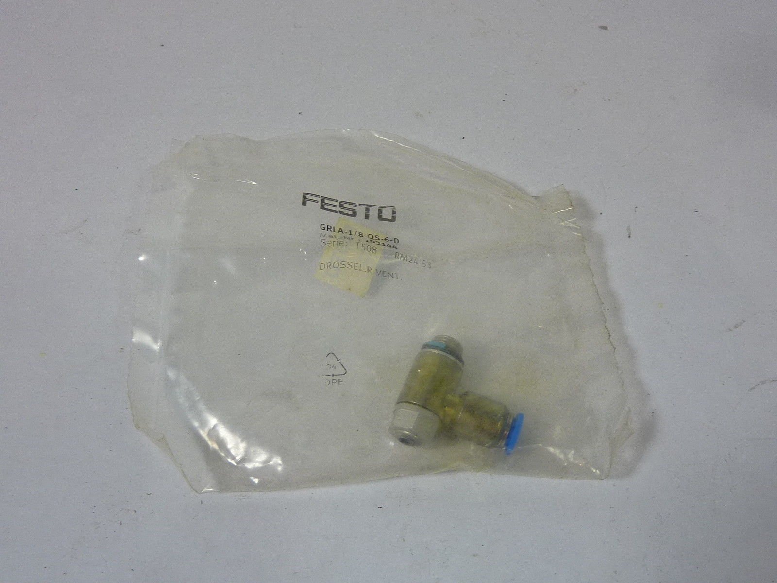 Festo GRLA-1/4-QS-10-RS-D One-Way Flow Control Valve, Threaded with External (Male) Thread, One-Way Flow Control Function, 0.2-10 bar Pressure