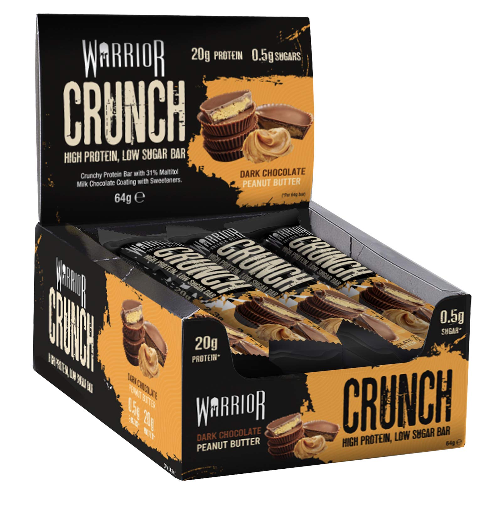 Warrior Crunch - High Protein Bars - 20g Protein Each Bar - Low Carb, Low Sugar Snack - 12 Pack x 64g (Dark Chocolate Peanut Butter)