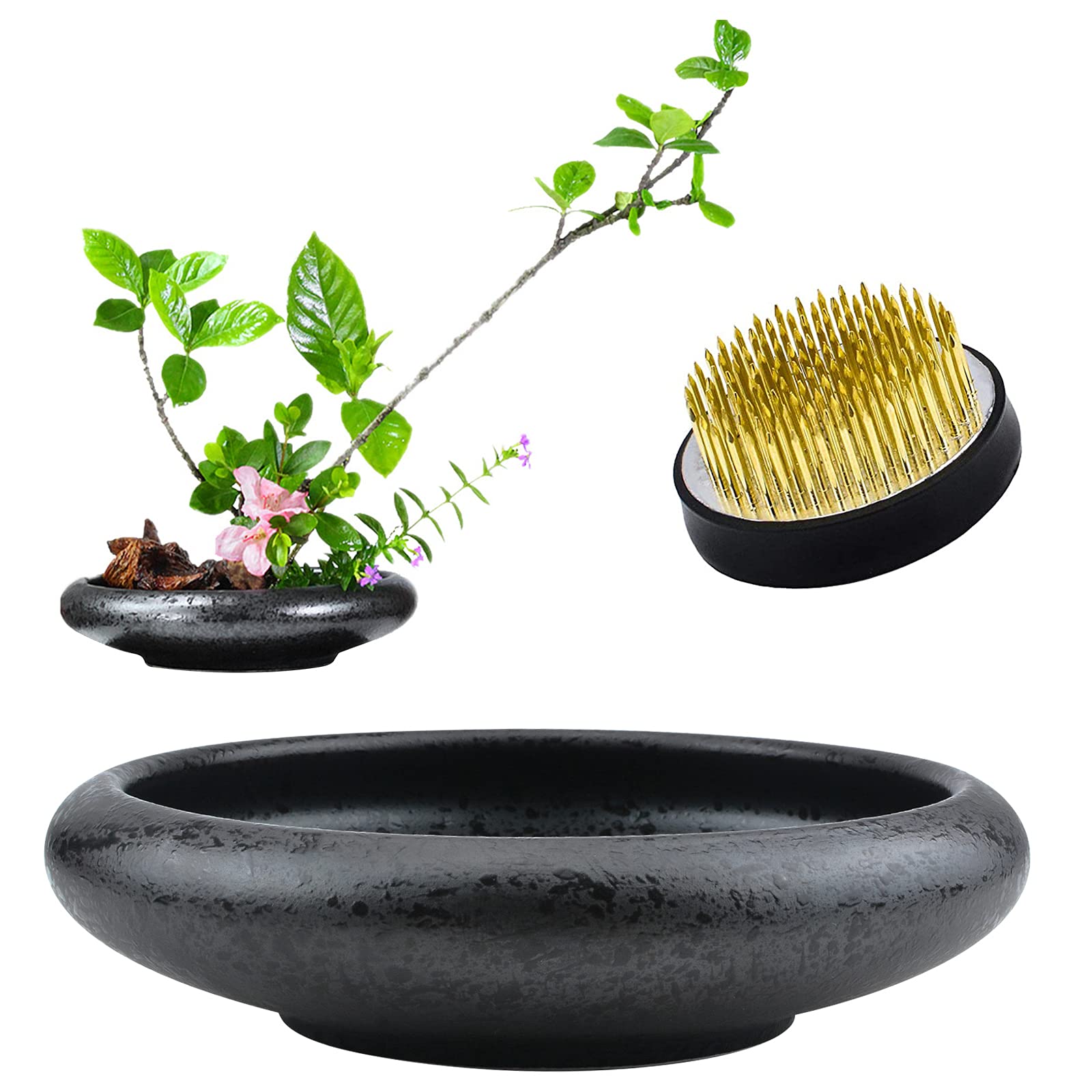 CRAFFANCY Flower Arrangement Supplies, Deep Round Pottery Ikebana Flower Vase with 5cm Kenzan Flower Frog for Floral Arrangement Home Decoration, Black Spotted