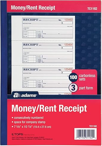 Amazon Com Adams Money And Rent Receipt Book 3 Part Carbonless White Canary Pink 7 5 8 X 10 7 8 Bound Wraparound Cover 100 Sets Per Book 4 Receipts Per Page Tc11 Office Products