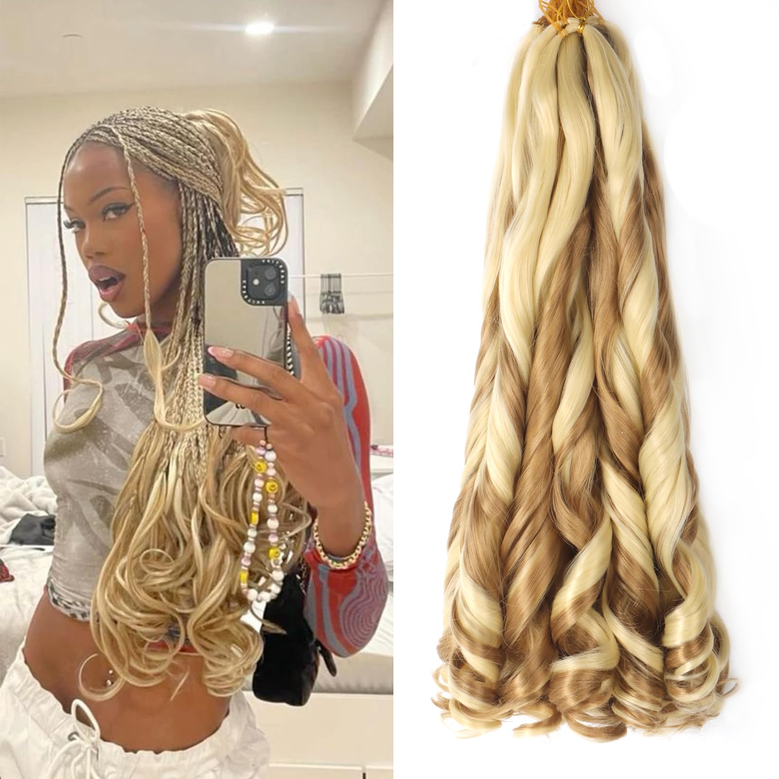 French Curly Braiding Hair 22 Inch 8Pack/lot Loose Wavy Spiral Curl Braids Crochet Hair Deep Wave Synthetic Extensions Pre Stretched Bouncy Braiding Hair(P27/613#) โ image 1