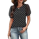 ATHMILE Womens Summer Tops Pleated Crew Neck T Shirts Swiss Dot Puff Sleeve Loose Casual Blouses Trendy Date Outfits