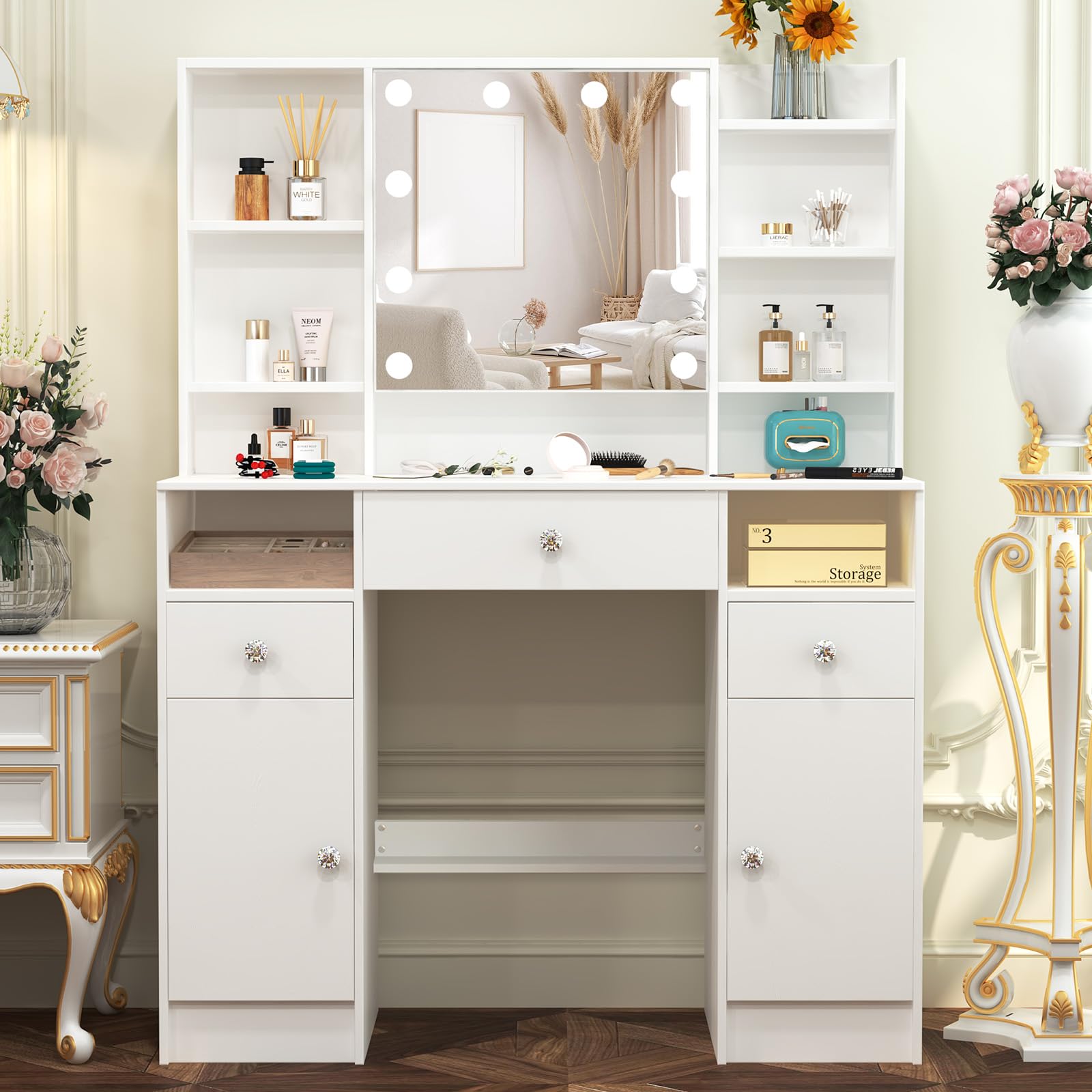 Photo 1 of ***NO MIRROR***Vanity Desk 9 Shelves 2 Drawers 2 Cabinets Big Vanity, Big Makeup Desk for Adults Girls, 55.1H'',White