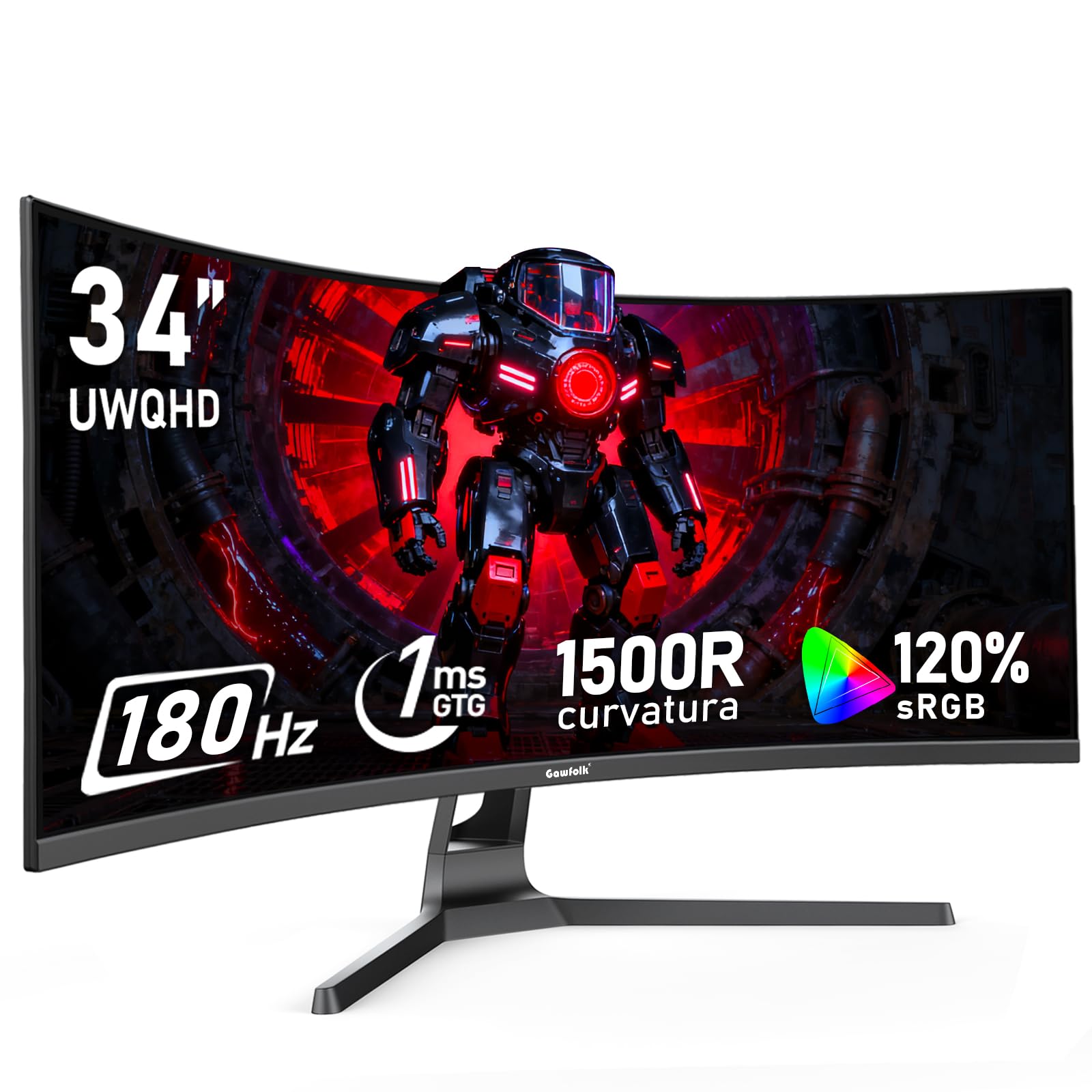 Gawfolk 34 Inch Ultrawide Curved 180Hz Gaming Computer Monitor,1500R PC Screen 21:9 UWQHD (3440x1440),120% sRGB,Adaptive Sync,178° Viewing Angle,Display Port、HDMI,Compatible with Wall mounting -Black Image