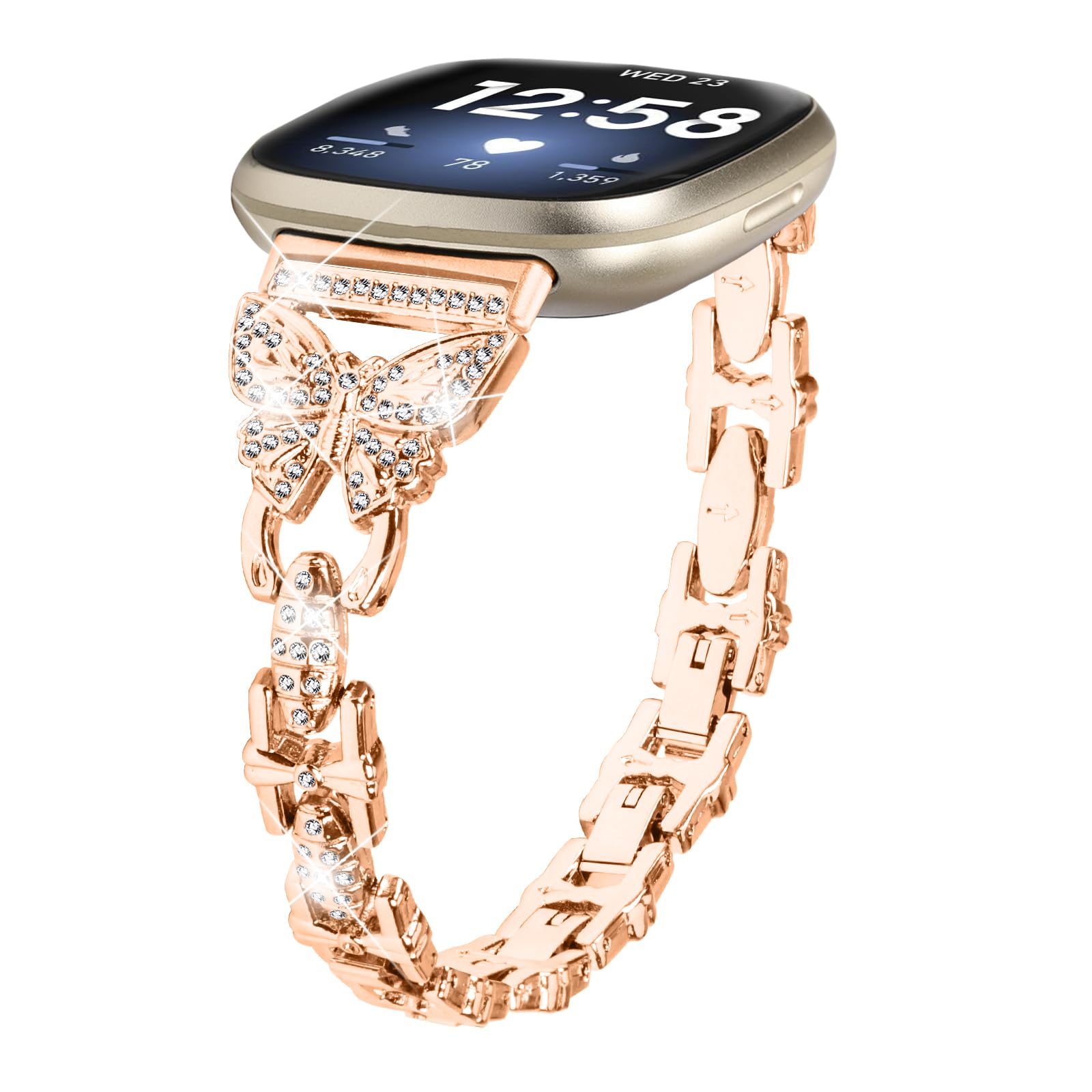 Gimuk Straps Compatible with Fitbit Versa 4/Sense 2 Strap for Women, Metal Stainless Steel Wristband Adjustable Bling Diamond Replacement Strap Band Bracelet for Fitbit Versa 3/Sense (Rose Gold)