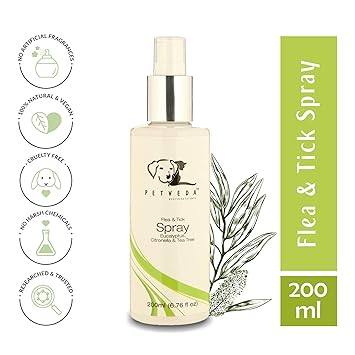 Petveda Medicated Tick & Flea Spray | Alcohol Free | All Coat Types |Petveda Ayurvedic Pet Care | SLES & Paraben Free - 200 ml