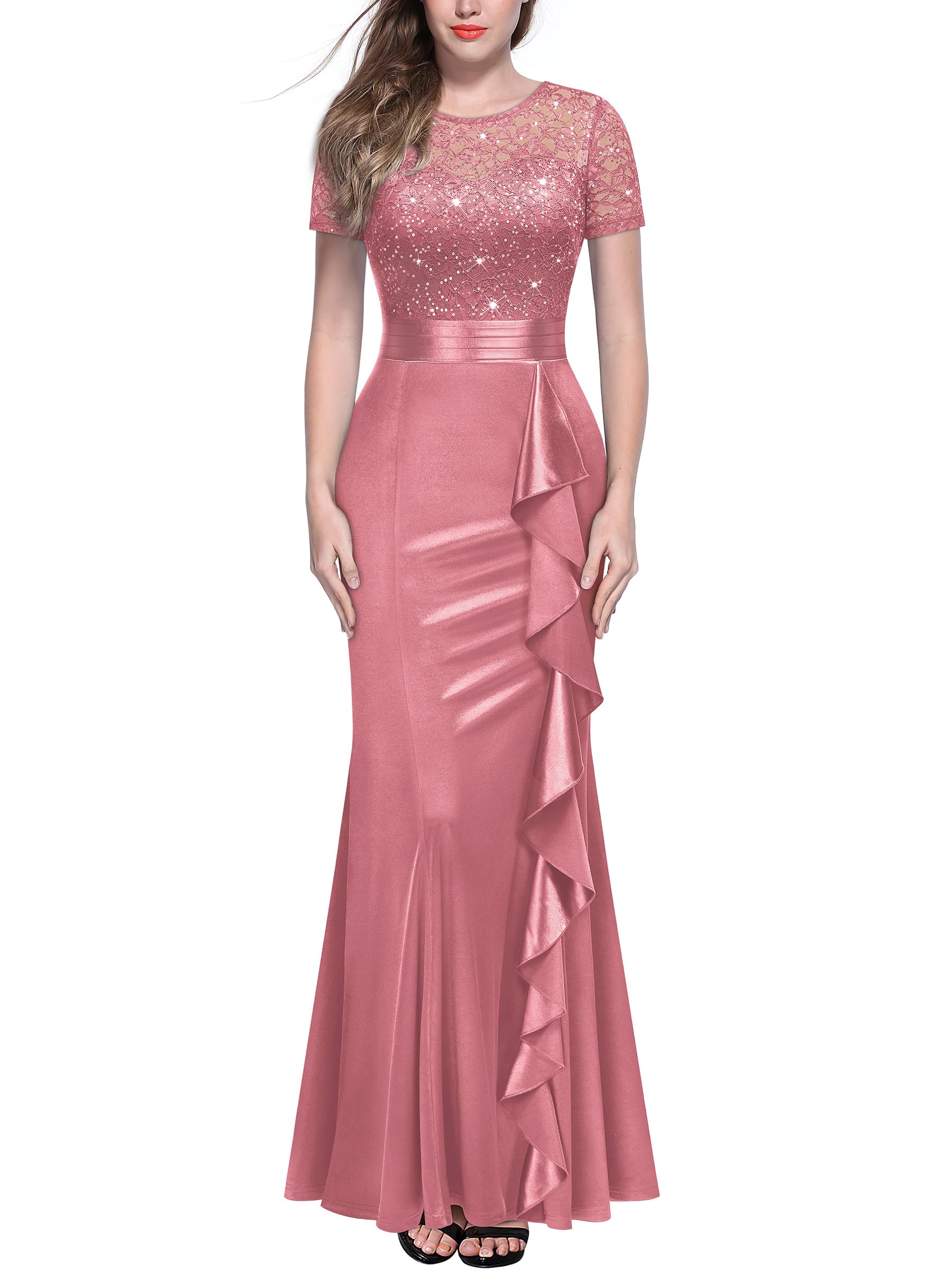 Photo 1 of (large) (used/fair) (bagged) Miusol Women's Elegant Sequin Lace Contrast Ruffle Style Formal Evening Long Dress (Large, Cinnamon Pink)