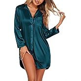 Ekouaer Satin Nightgowns for Women Button Down Sleep Shirt Silk Night Shirt Long Sleeve Boyfriend Sleepwear S-3XL