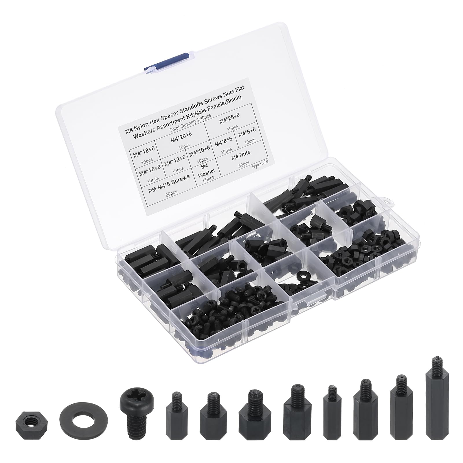 PATIKIL M4 Male Female Nylon Hex Spacer Standoff Kit, 290Pcs Motherboard Standoffs, Outlet Spacers, Screws Nuts, Washers for PCB Motherboard, Circuit Board, Black
