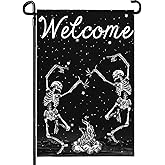 Cryfox Halloween Skull Welcome Garden Flags 12 x 18 Inch Dancing Human Skeletons Garden Flag for Outside Black Yard Flags Double Sided for Lawn Outdoor Decorations