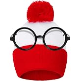 Aneco Halloween Red White Knit Beanie with Pompoms Nerd Costumes Glasses for Men, Women and Teens