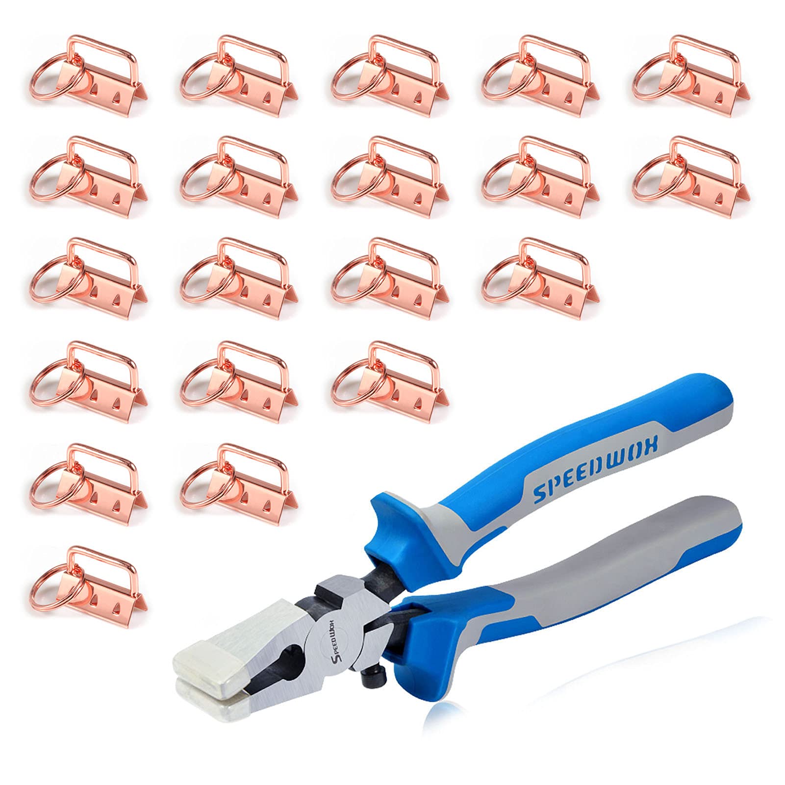 SPEEDWOX 20 Pcs 1.25" Rose Gold Key Fob Hardware Set, 8 Inches Glass Breaking Pliers with Rubber Tips, for Wristlet Keychain Key Lanyard Making