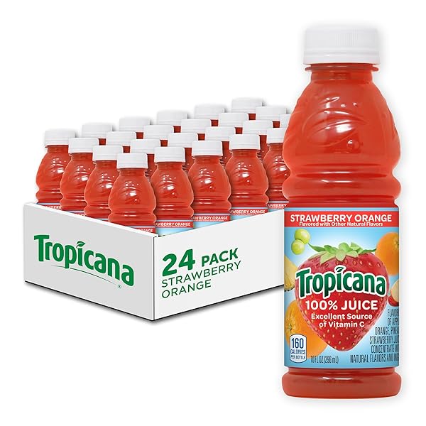 TROPICANA 100% ORANGE STRAWBERRY JUICE,SINGLE SERVE, 10 FL OZ BOTTLES (PACK OF 24) – REAL FRUIT JUICE, VITAMIN C, B & E RICH, NO ADDED SUGARS, NO ARTIFICIAL FLAVORS