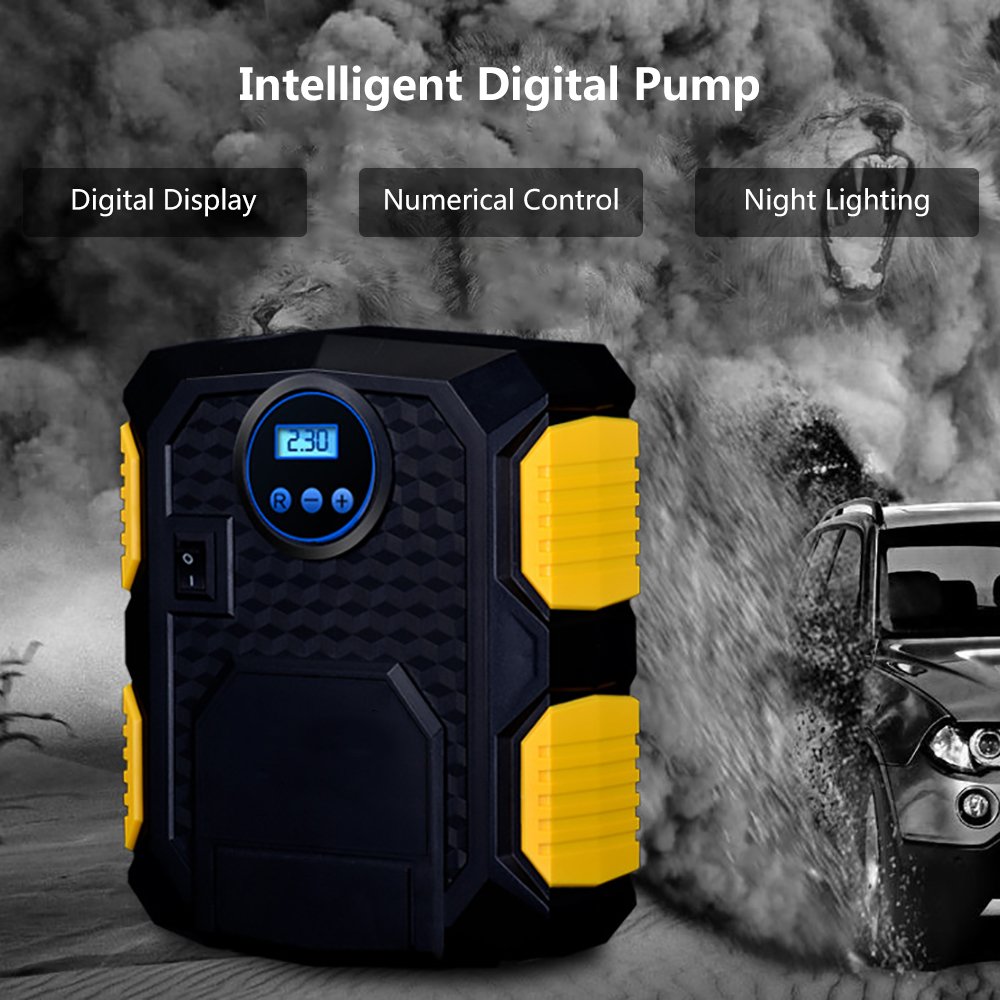 Mbuynow Tyre Inflator, Air Compressor Car Tyre Pump, 12V Digital Pressure Gauge 27L/Min Airflow 100PSI Tyre Inflation, Valve Adaptors for Car Motorbike Basketball Football