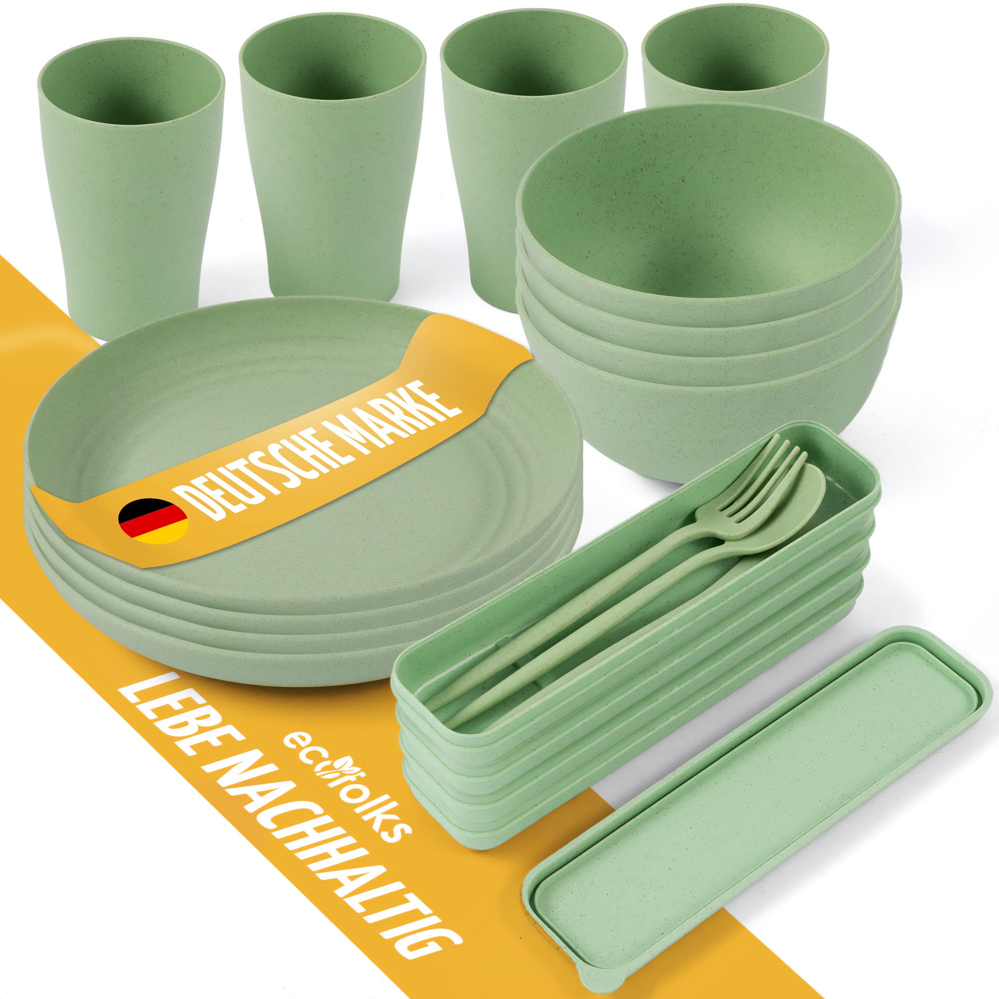 ecofolks Camping tableware, ultra-light [environmentally friendly] [sustainable] reusable, caravan, travel, camper, party, children's tableware set, colourful party set, outdoor accessories, green