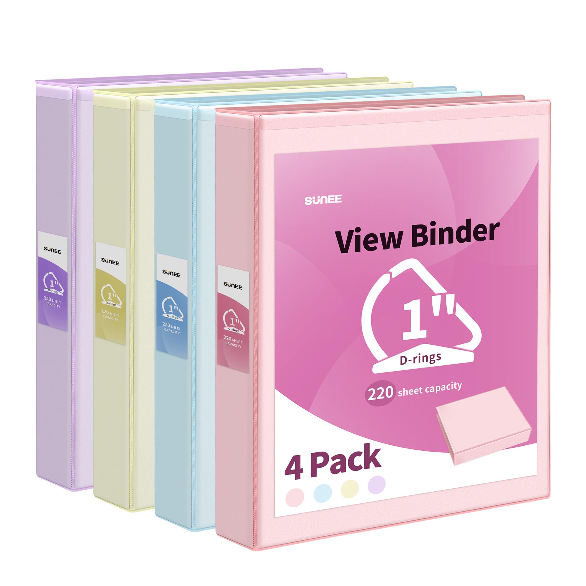 Photo 1 of SUNEE 3 Ring Binder 1 Inch D Ring, Clear View Binder Three Ring PVC-Free (Fit 8.5x11 Inches) for School or Office Supplies, Assorted Pastel, 4 Pack