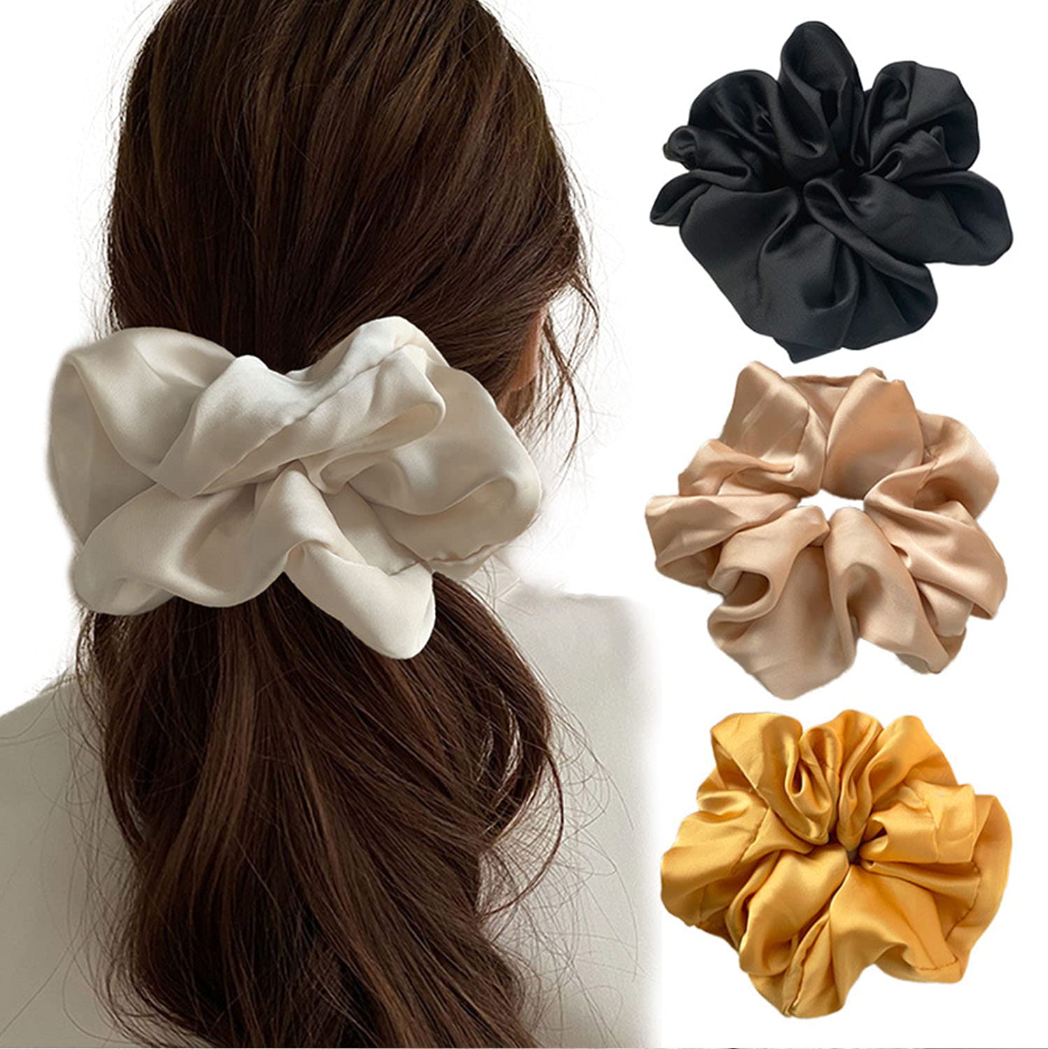 XINGNIAO HAIR_TIE 4.0 count polyester satin material, Oversized design, Reduced hair loss, Quick and effortless styling, Pack of 4, Glossy finish, Black/Beige/Khaki/Turmeric