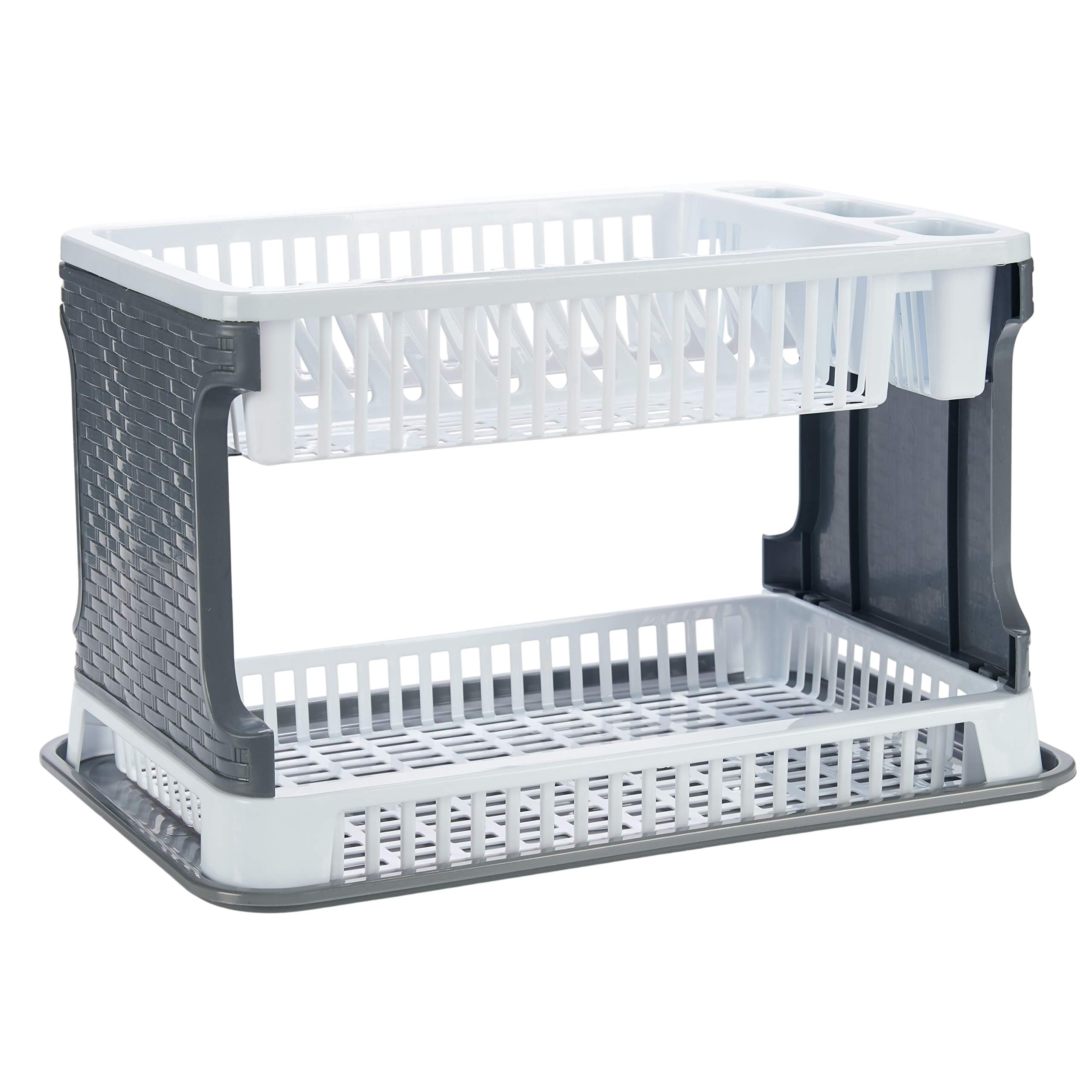 TIENDA EURASIA Plastic Dish Drainer | 2 Heights Dish Drying Rack with Tray | Plastic with Rattan Texture | Large Capacity and Resistance | Measures 30.2 x 8.5 x 44.5 cm (White)