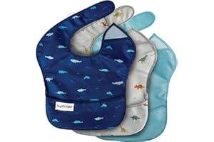 Tiny Twinkle Mess-Proof Baby Bib - Waterproof Bib for Baby Boy or Girl - Machine Washable - Adjustable Closure - PVC, BPA, & Phthalate Free - Great for Travel - Baby Food Bibs (3 Pack, Sea, Dino)