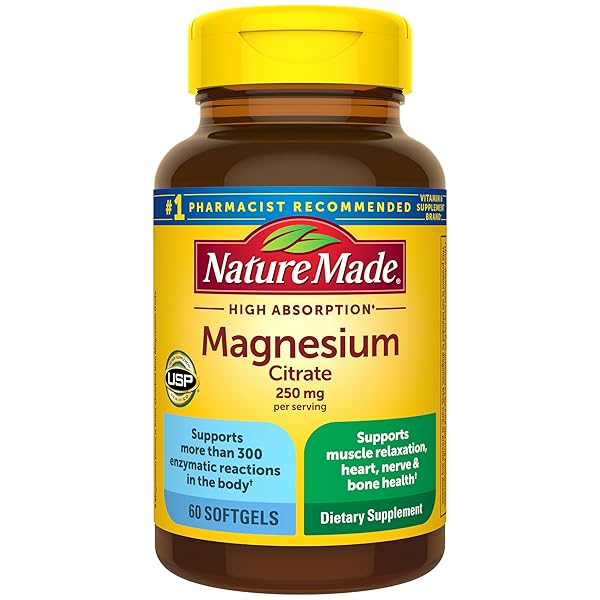 NATURE MADE MAGNESIUM CITRATE 250 MG PER SERVING, MAGNESIUM SUPPLEMENTS FOR MEN AND WOMEN, SUPPORTS MUSCLE, NERVE, BONE AND HEART, 60 SOFTGELS, 30 DAY SUPPLY