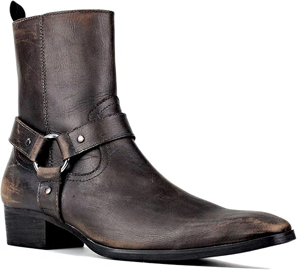 Men Chelsea Ankle Boots Leather Western Cowboy Boots with Side Zipper