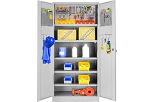 INTERGREAT DIY Garage Storage Cabinet, Metal Storage Cabinet with 2 Doors and 5 Adjustable Shelves, 72" Steel Lockable Tool Cabinets with Pegboard for Office, Home, Warehouse,Gray