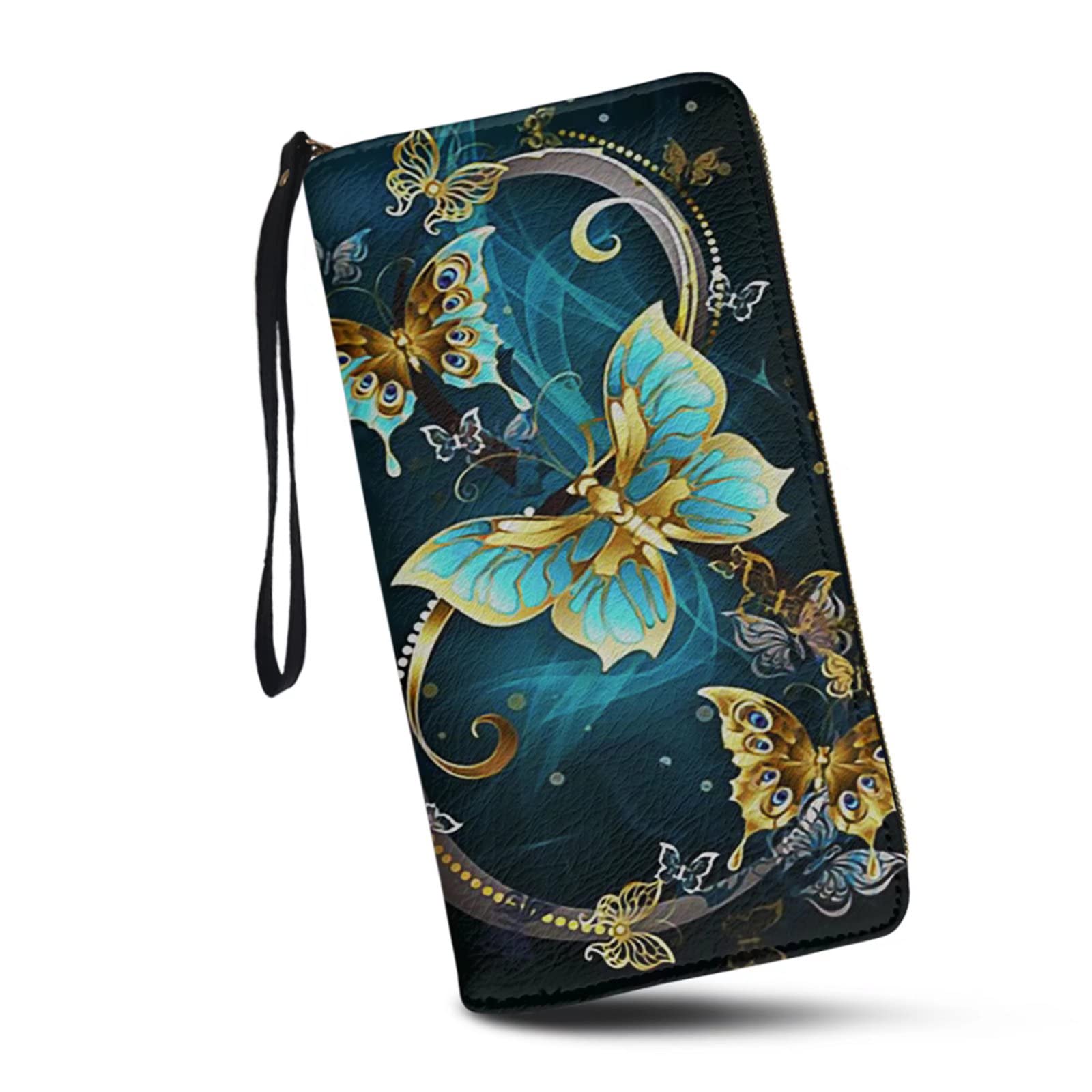 SCRAWLGOD Butterfly Women Wallets RFID Blocking Leather Wristlet Zipper Around Organizer Large Travel Card Holder Purse