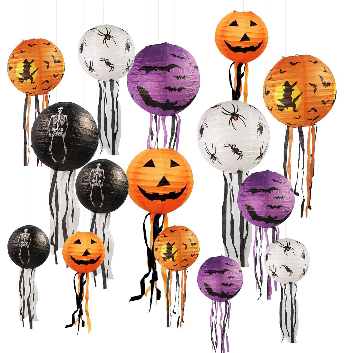 15 PCS Halloween Pumpkin Paper Lantern Jack-O-Lantern with Whiskers, for Halloween Party Weddings Garden Bedroom Bar Indoor Outdoor Decoration, 3 Sizes