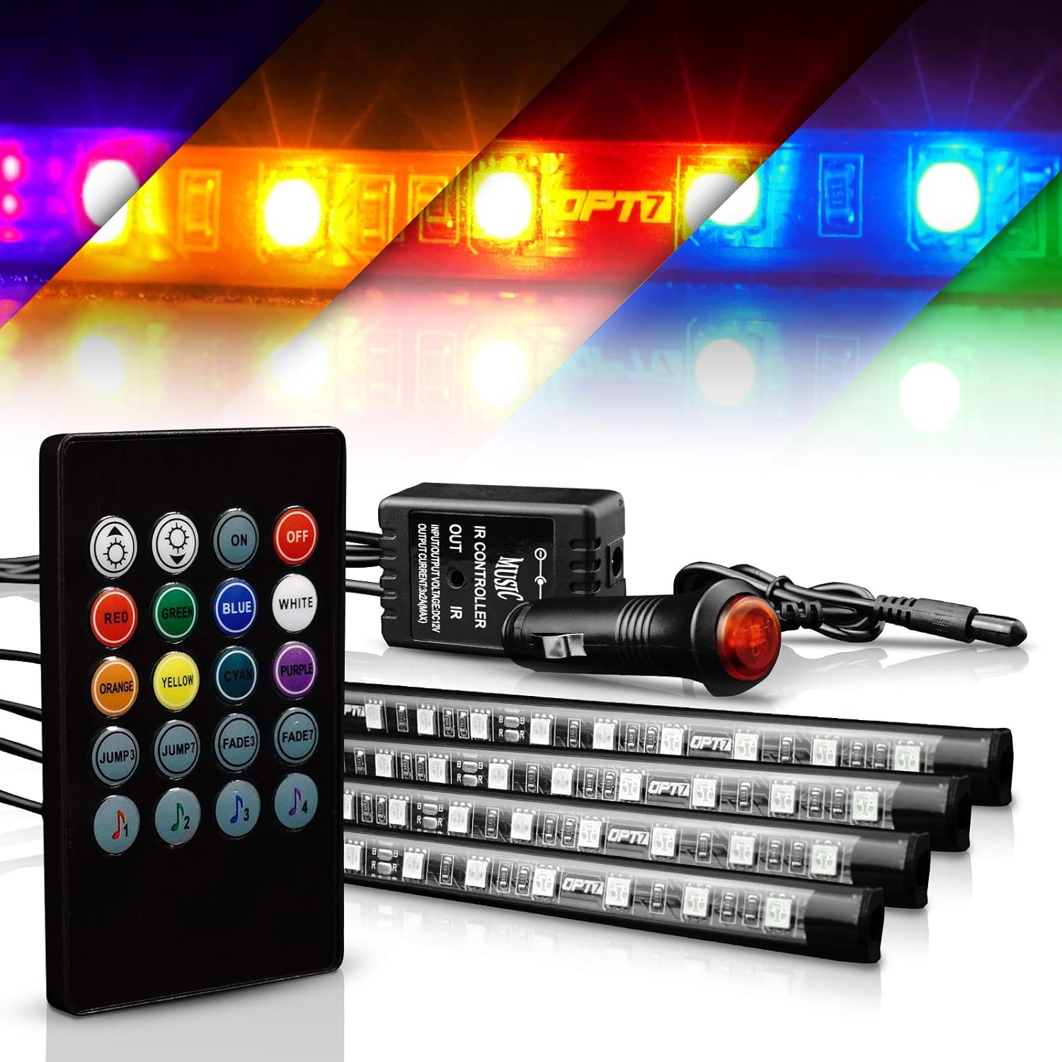 OPT7 Interior Car Lights LED Strip Kit, Aura Choice, 48 LEDs Multi-Color, Soundsync, Show Patterns, and Remote-Accent Underdash Footwell Floor, 4pc Single Row: Automotive