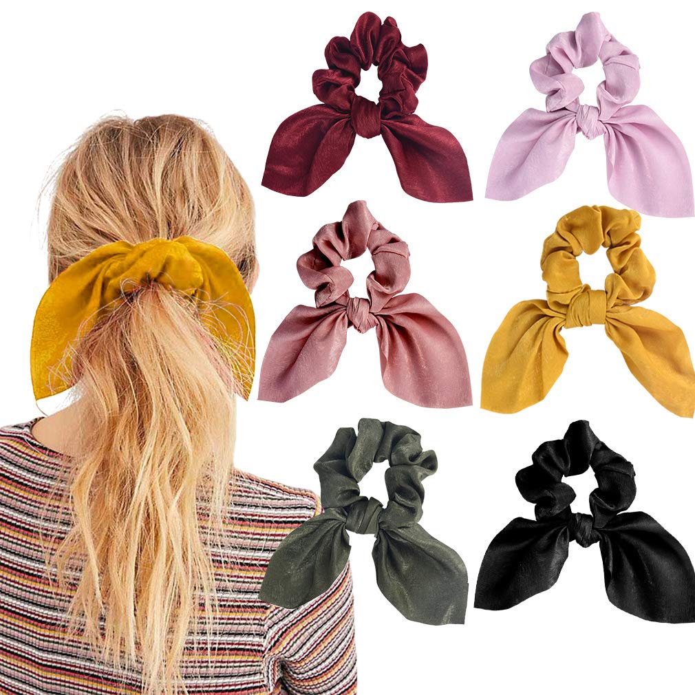 6PCS Hair Scrunchies Satin SilkRabbit Bunny Ear Bow Bowknot Scrunchie Bobbles Elastic Hair Ties Bands Ponytail Holder for Women Accessories 01 Classic color