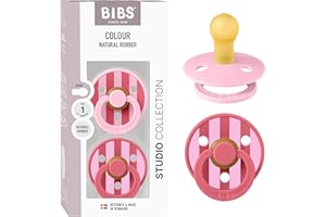 BIBS Pacifiers - Studio 2 Pack | Round Nipple Baby Pacifier | BPA Free Natural Rubber Latex Soother | Made in Denmark | Size 0+ Months | Block Baby Pink Coral