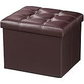 AmasSmile Storage Ottoman Folding Foot Rest Stool, Leather Footstool Bench, Short Ottoman Stool, Storage Foot Rest Store, Books (Brown, 17" D x 13" W x 13" H)