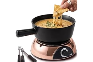 Artestia Electric Ceramic Fondue Set with 6 Fondue Forks (Rose Gold Color Base/Black Ceramic Pot)