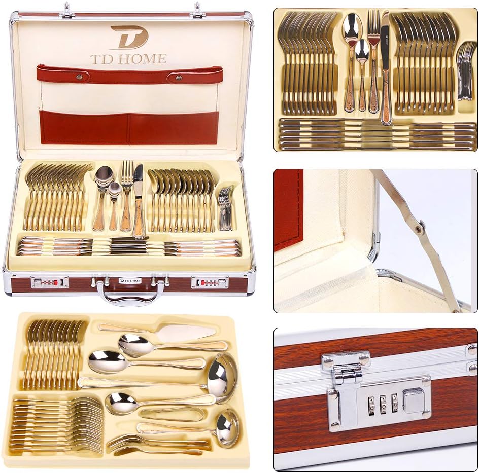 PHILIPALA 18/10 Stainless Steel Cutlery Set,Flatware Set,Silverware Set,86 Pieces in a Box,Brown Lockbox,Noble Atmosphere, Suitable for Family Dinners,Friends gathering,Also Suitable As Gift