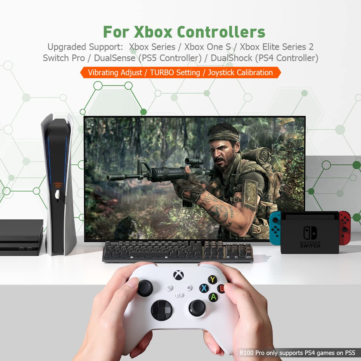 BIGBIG WON R100 Pro Wireless Adapter for Xbox One X|S/Xbox Series X|S/Elite Series 2/PS5/PS4/Switch Controller - Play on PS4/Switch/PC Windows11&10 (1pc)