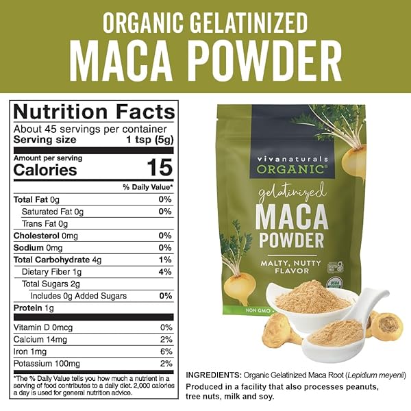 VIVA NATURALS ORGANIC MACA POWDER, GELATINIZED, 8 OZ – VEGAN, USDA ORGANIC, GLUTEN-FREE, NON-GMO PERUVIAN SUPERFOOD IN RESEALABLE BAG