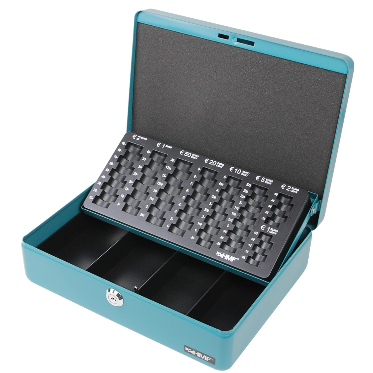 HMF 10015-24 Cash Box with Euro Coin Tray 30 x 24 x 9 cm, Petrol