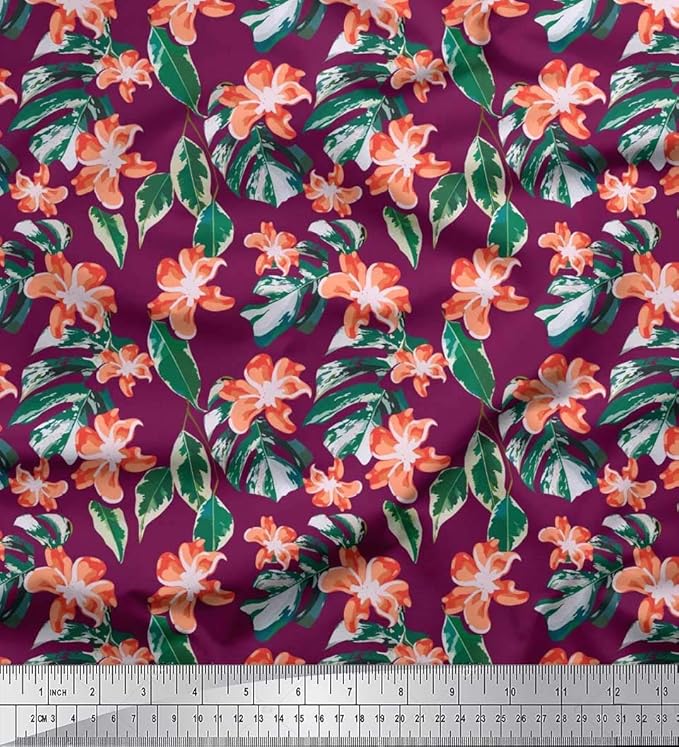 Soimoi Rosa Satin Seide Stoff Floral, Palm & Monstera Blatter Stoff