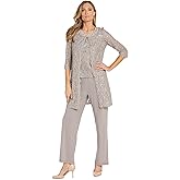 R&M Richards Women's Elegant 3-Piece Pant Set W/ ¾ Sleeves Scalloped Edge Sequin Lace Jacket & Matching Tank