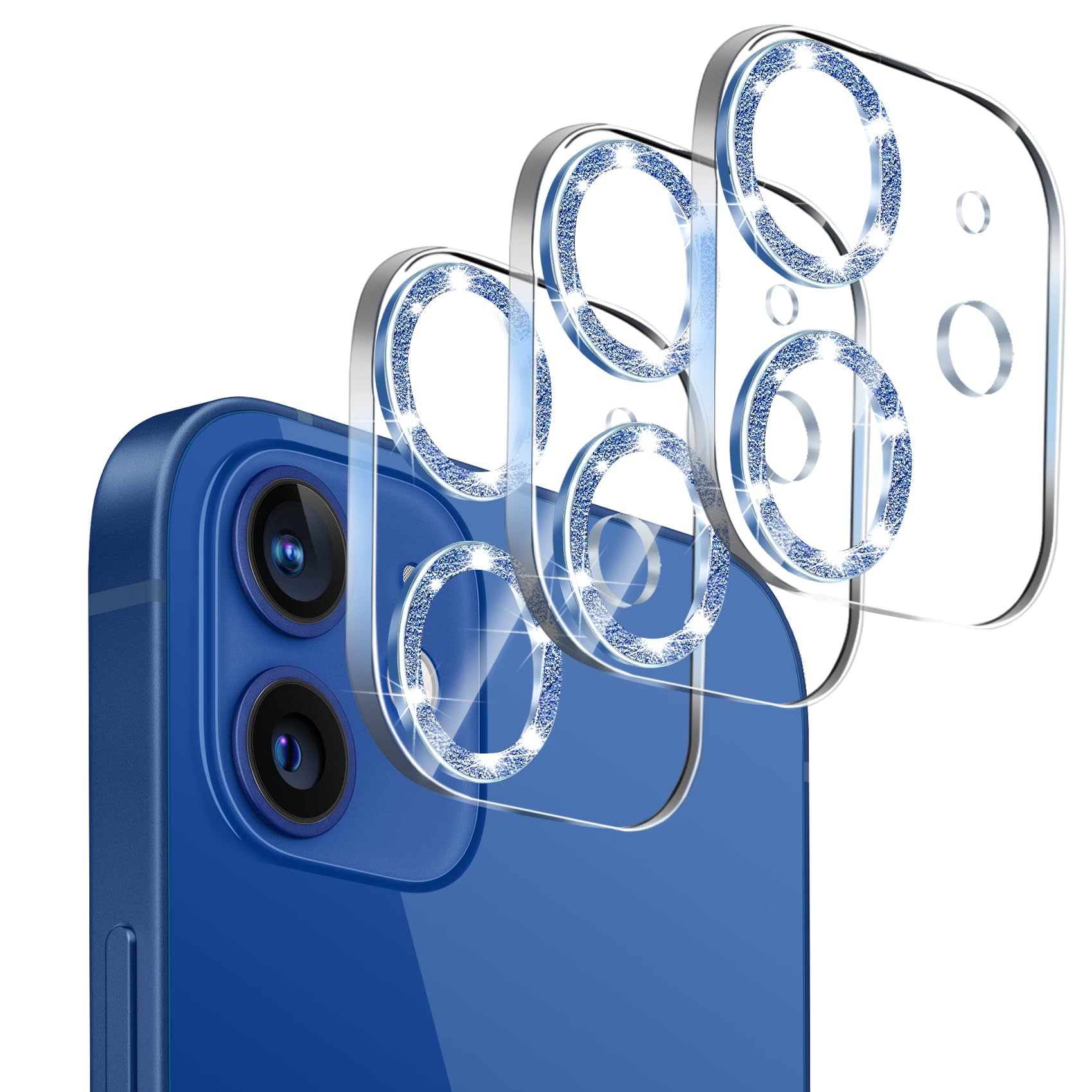 Dengduoduo 3 Pack Tempered Glass Camera Lens Protector for iPhone 12 6.1" Bling Glitter Sparkle, Ultra HD, 9H Hardness, Anti-Scratch, Case Friendly, Easy to Install [No Affect on Night Shots]