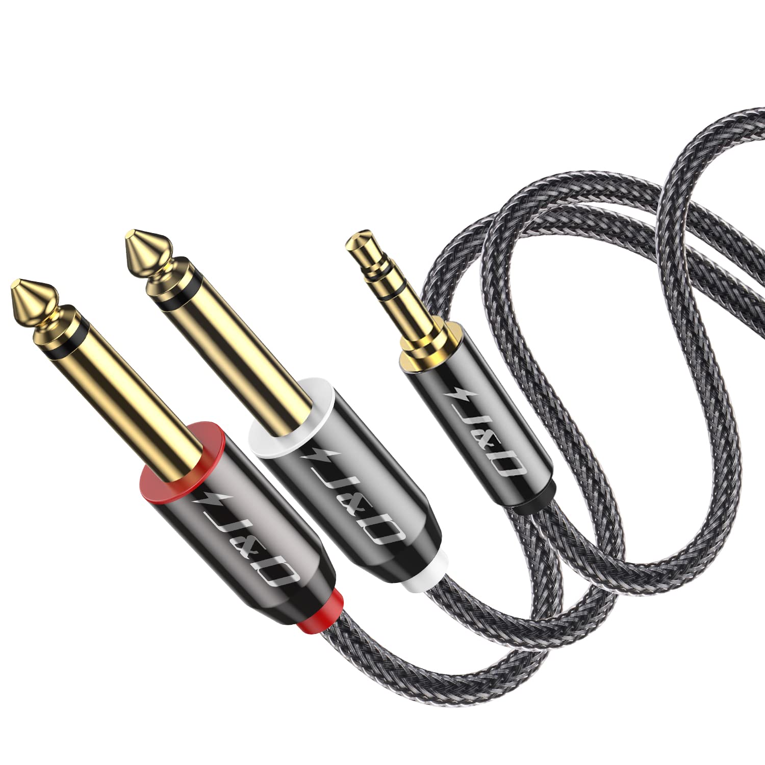 J&D 3.5mm to 6.35mm Audio Cable, Gold-Plated Mini Jack TRS Stereo to Dual 6.35mm TS Mono Y-Splitter Audio Cable Breakout Cord Lead with Nylon Braid for Laptop, Home Theater Devices, Amplifiers, 46 cm